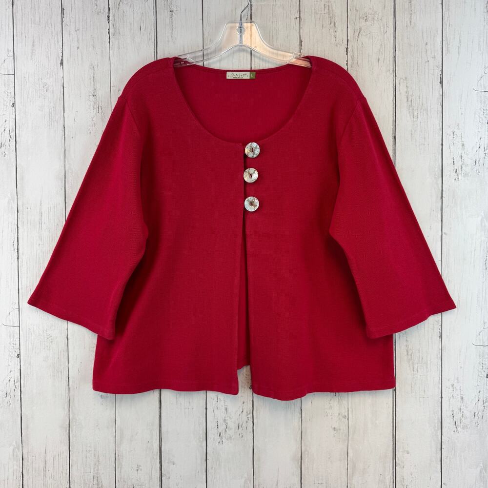 Chalet et Ceci Red Cotton Knit 3/4 Sleeve Boxy Cardigan Sweater USA Size Large